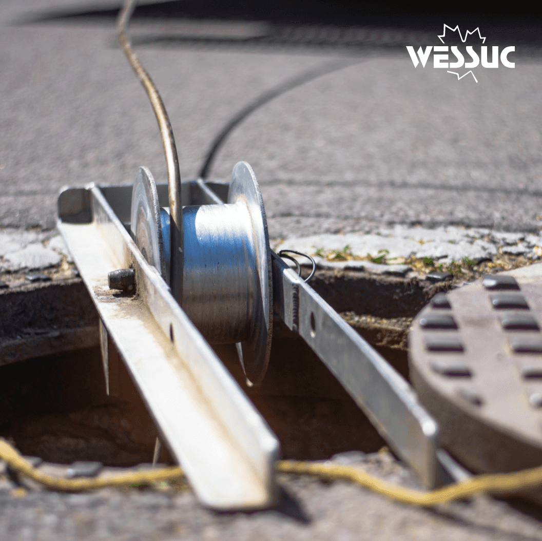 a metal pulley lowering a wire line into an open manhole