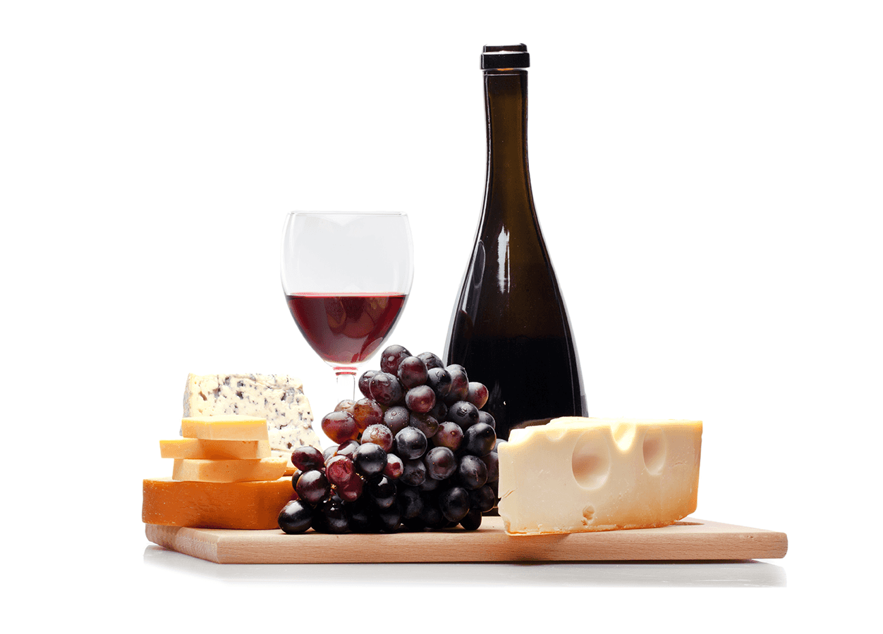 a platter of grapes, cheese, and wine