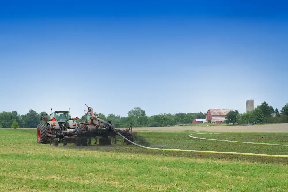 Tractor top spreading on hay field